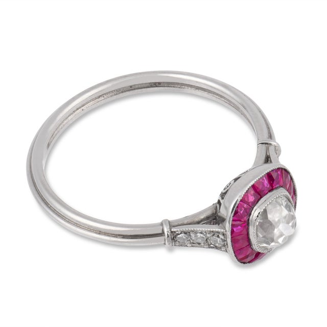 1930s Art Deco Inspired Old Mine Cut Diamond Ruby Target Platinum Ring, Size 6.25 For Sale - Image 4 of 6