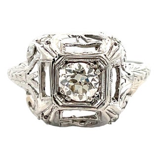 Mid 20th Century Platinum Art Deco Old European Cut Diamond Filigree Ring, Size 6.25 For Sale