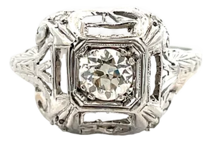 Mid 20th Century Platinum Art Deco Old European Cut Diamond Filigree Ring, Size 6.25