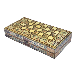 Mid 20th Century Astral-Patterned Mother-of-Pearl Inlaid Damascene Game Box