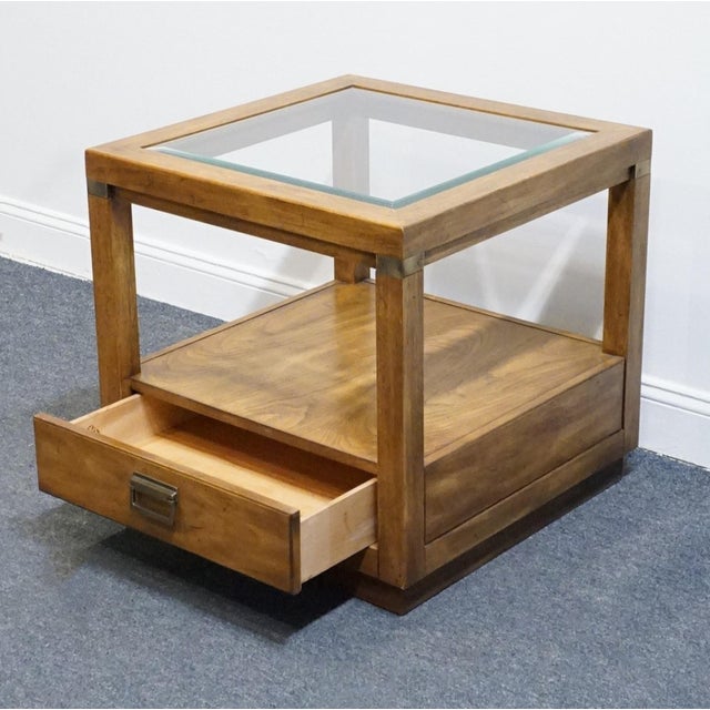 Wood Drexel Heritage Woodbriar Collection Pecan Rustic European 26" Square Accent End Table W. Glass Top 988-342 For Sale - Image 7 of 14