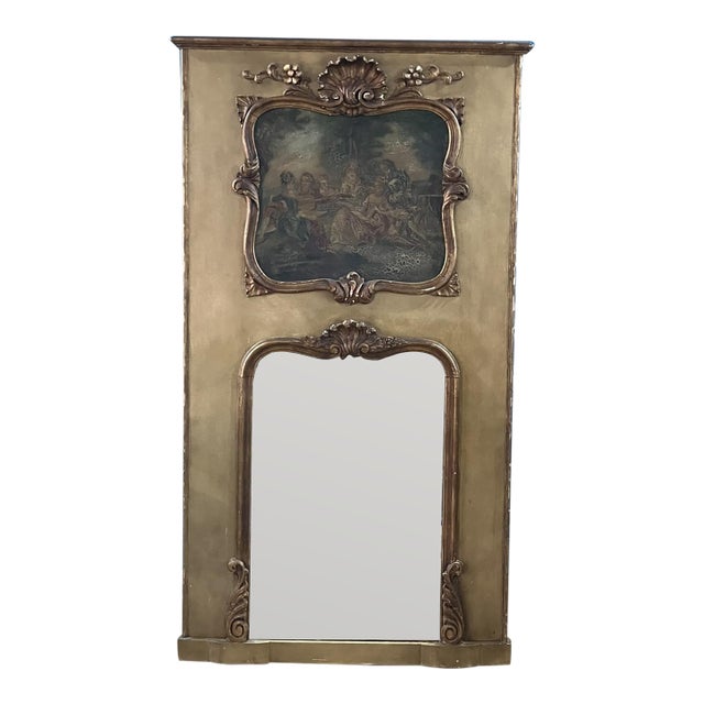 Antique French Trumeau Mirror With Oil Painting — 18th Century Style, 67" × 35" For Sale