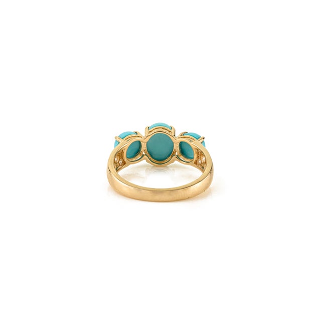Metal 3.32 Ct Three Stone Turquoise Claw Set Engagement Ring in 14k Solid Gold Size 7 For Sale - Image 7 of 13
