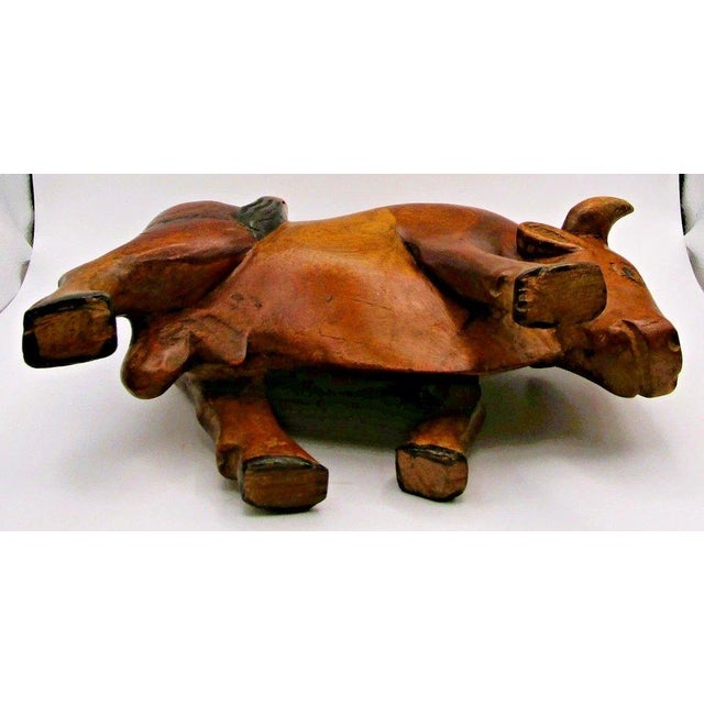 Large Vintage Mid-Century Modern Hand Carved Wood Bull Sculpture For Sale - Image 10 of 11