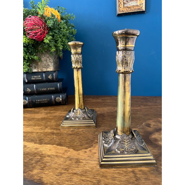 English Antique Brass Candlesticks With Ivy Relief Bases, Circa 1900 For Sale - Image 12 of 17