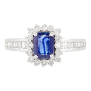 14k White Gold Sapphire Diamond Halo Ring Size 7 For Sale