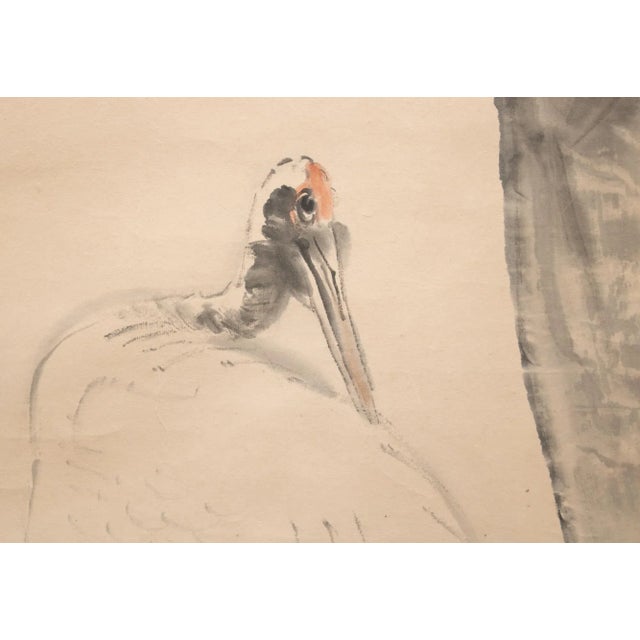Late Meiji to Early Showa Era Japanese Monochrome Watercolor Scroll Painting, "Red-Crowned Crane and the Plum Tree" For Sale In Dallas - Image 6 of 12