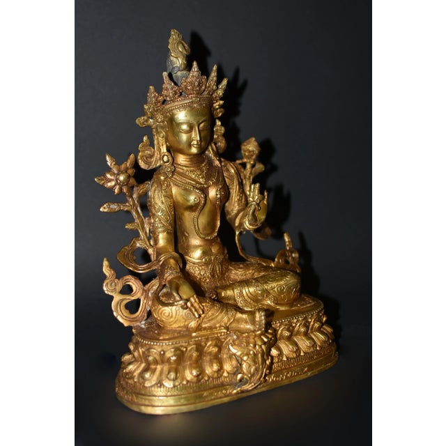 Asian Antique Gilt Bronze Tibetan Green Tara Statue For Sale - Image 3 of 13