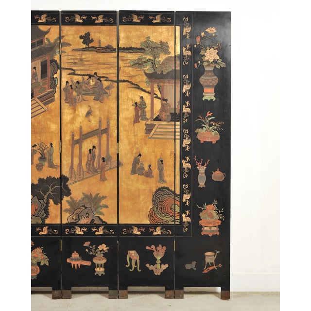 Chinese Export Eight-Panel Coromandel Screen Gilt Pavilion 10 Ft For Sale In Sacramento - Image 6 of 18