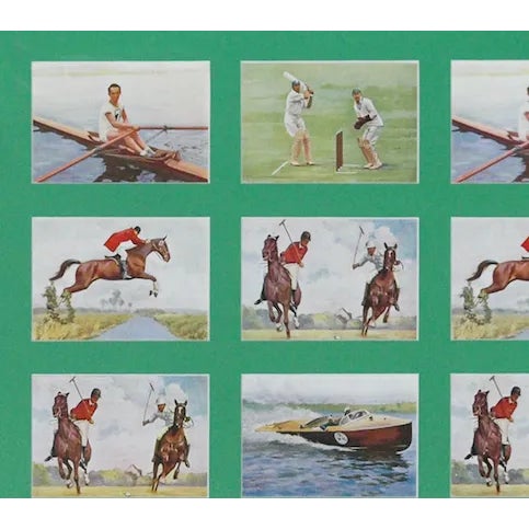 Fabulous suite of (13) sporting cards depicting cricket, polo, foxhunting, crew, & motorboat racing!~