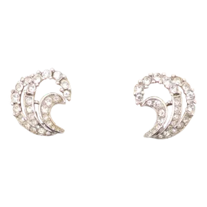 Vintage 1950s Signed Crown Trifari Rhodium Plated Clear Rhinestone Clip Earrings - 2 Pieces