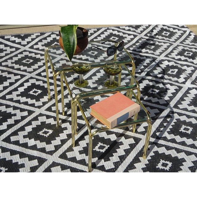 Nesting Tables in Gilt Metal and Tempered Glass, 1990s, Set of 3 For Sale - Image 6 of 18