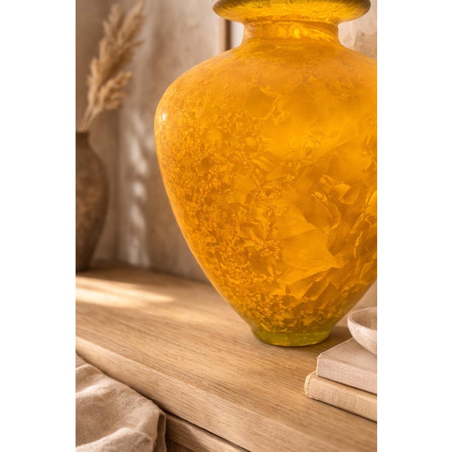 Hand-Blown Amber Studio Art Glass Vase With Internal Crystalline Feathering For Sale - Image 9 of 9