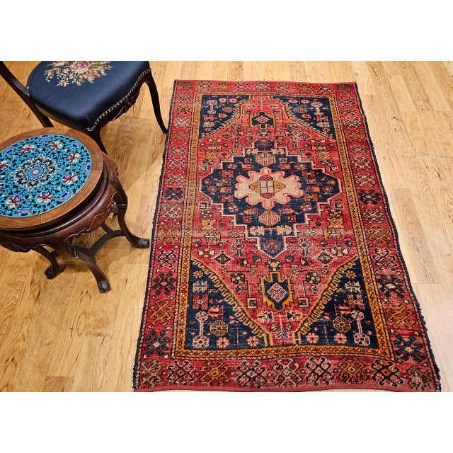 Persian Vintage Persian Malayer Area Rug, Hand-Knotted Wool, Geometric Tribal Pattern, 4x6, Red & Blue For Sale - Image 3 of 16