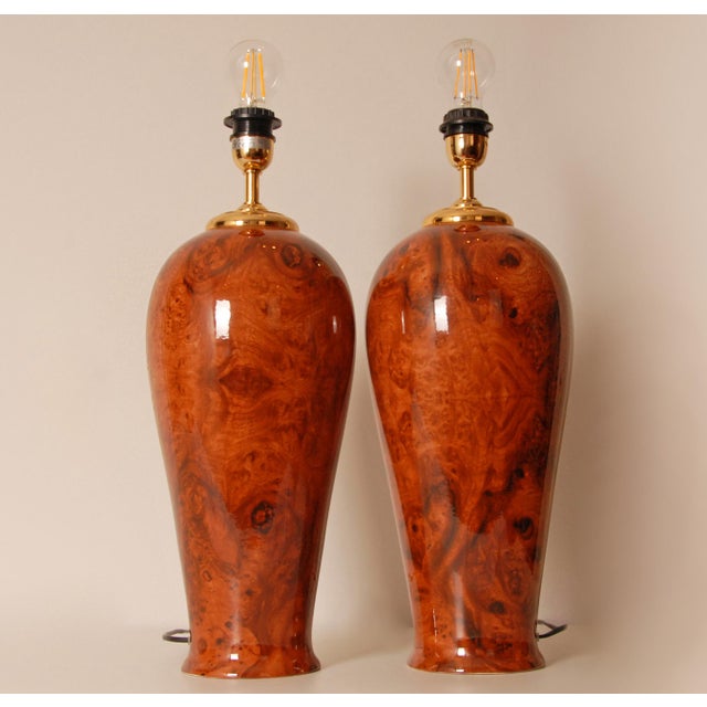 1980s Vintage Table Lamps Faux Elm Burl Wood French Ceramic Vase Lamps Brown Cognac - A Pair For Sale - Image 5 of 11