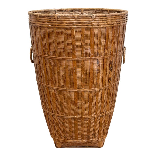 Vintage Tall Woven Split Reed Basket For Sale