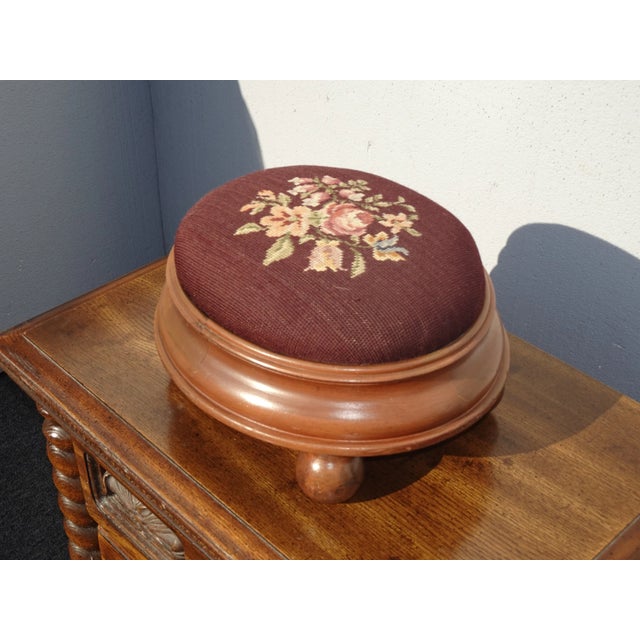 Footstool - Vintage French Country Burgundy Floral Needlepoint Petite Footstool For Sale - Image 4 of 13
