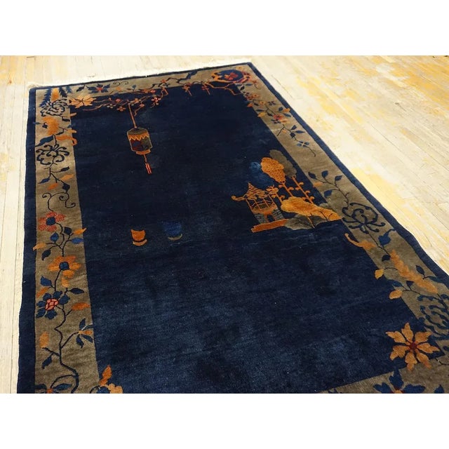 Art Deco 1920s Blue Navy Vase Floral Antique Chinese Art Deco Carpet 5' X 7'7" Knotted Wool Rug For Sale - Image 3 of 13