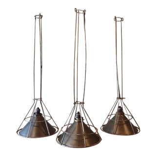 1940s Set of 3 Custom Industrial Gunmetal and Brushed Steel Pendant Lights For Sale