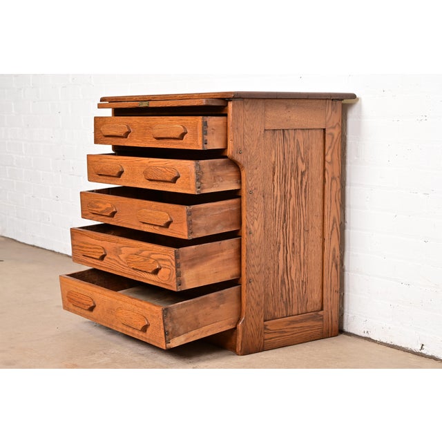 Antique Arts & Crafts Carved Oak Five-Drawer Flat File or Chest of Drawers, Circa 1900 For Sale In South Bend - Image 6 of 14