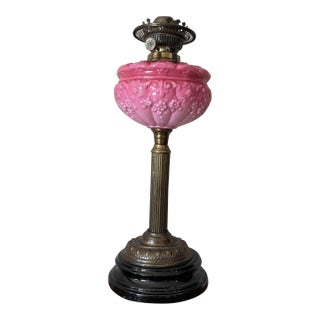 Antique Victorian Cranberry Pink Milk Glass Oil Lantern Turned Into Electric Parlor Lamp For Sale
