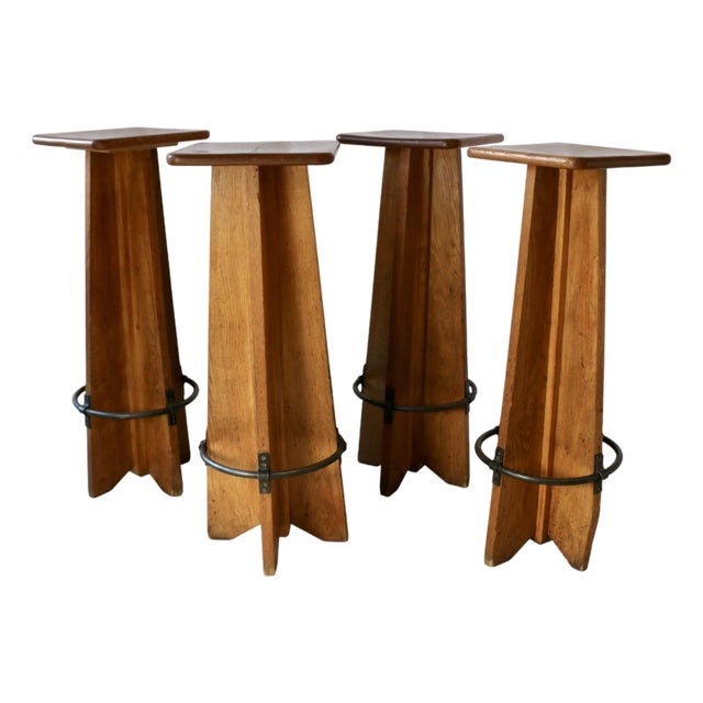 Vintage French Oak Stools, 1950s, Set of 4 For Sale