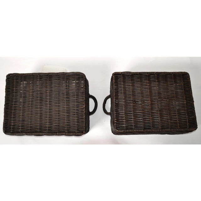 Pair of Boho Chic Wicker Twig Cane 12-Bottles Wine Basket Tray Barware Walnut Finish For Sale - Image 10 of 12