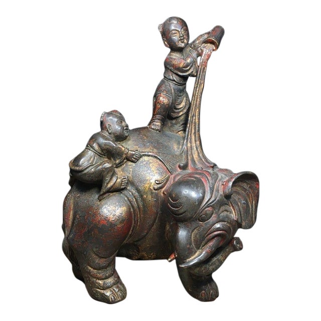 Vintage Bronze Sculpture of Boys Playing on an Elephant For Sale