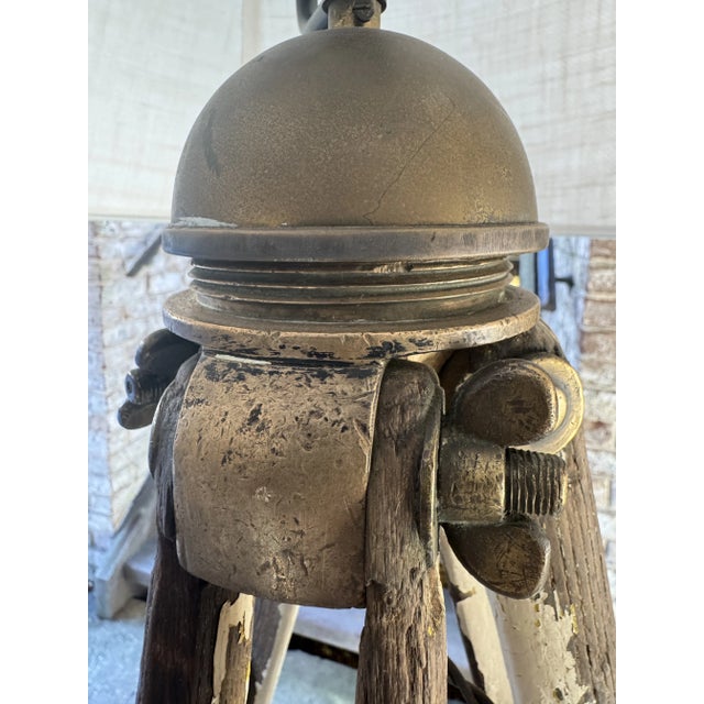 Vintage Rustic Wood Tripod Lamp With Red and White Chippy Paint Detail For Sale - Image 9 of 12