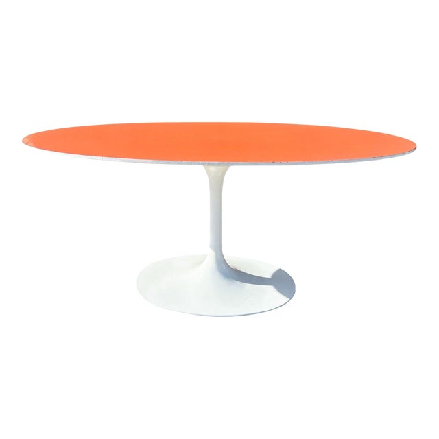Mid-Century Tulip Dining Table Attributed to Eero Saarinen for Knoll W/ Orange Laminate Top For Sale