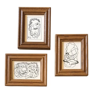 Gallery Wall Collection 3 Vintage Miniature Wayne Cunningham Abstract Ink Drawings - Set of 3 For Sale