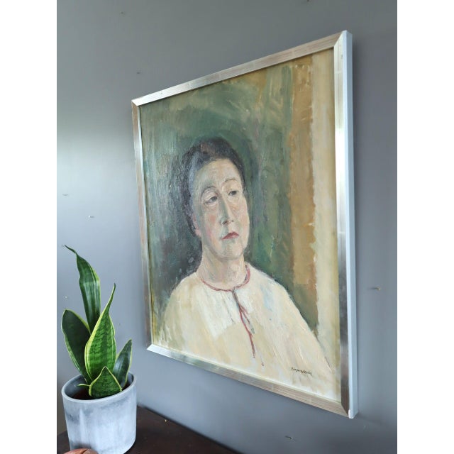Mid-Century Modern 'Agnes' Vintage Original Swedish Expressive Figurative Portrait Oil Painting, Framed For Sale - Image 6 of 14