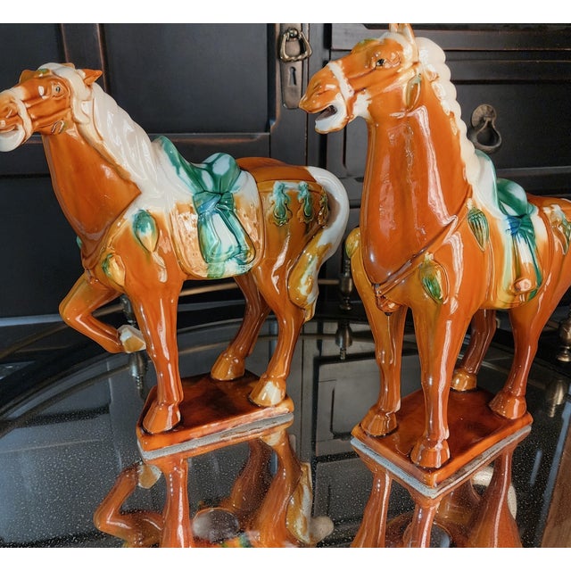 Vintage Pair of Tang Ceramic Horse Statues 14.5 Inch Tall Chinoiserie Statement Decor For Sale - Image 15 of 16