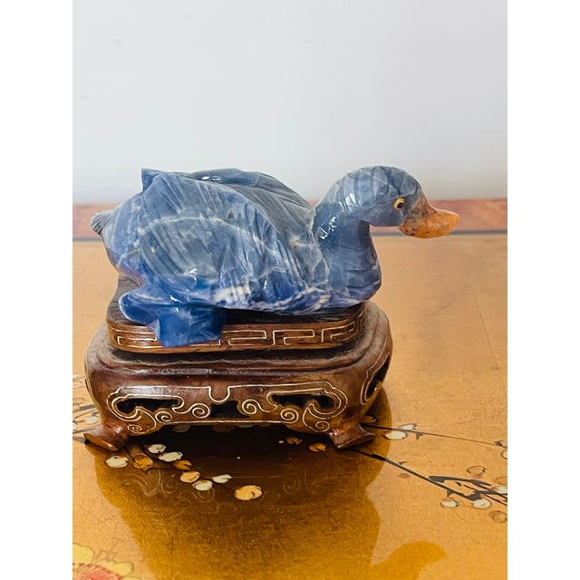 Chinese Vintage Blue Sodalite Stone Carved Duck Figurine on Stand For Sale - Image 3 of 6