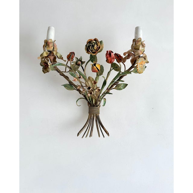 Italian Hand-Painted Tôle Rose Bouquet Two-Light Wall Sconce, 1950s For Sale - Image 15 of 15