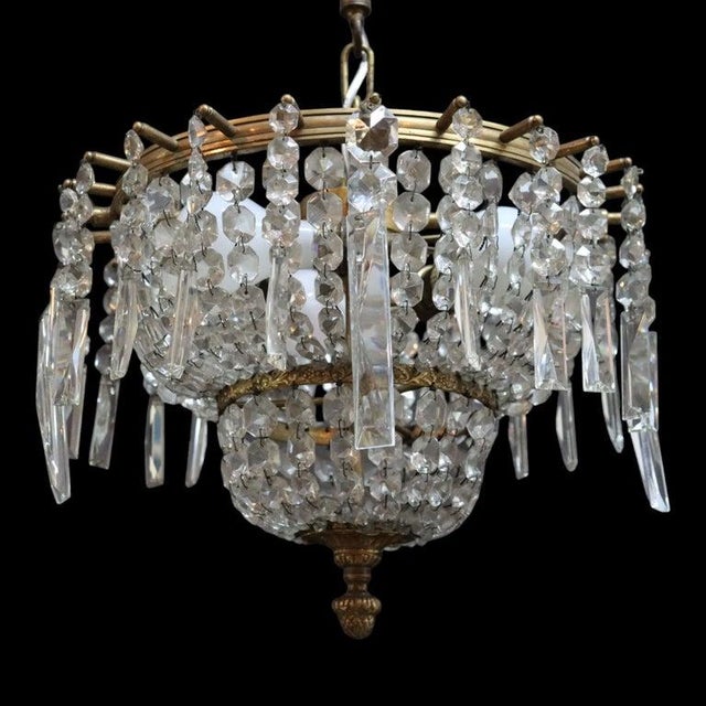 Antique French Brass & Cut Crystal 3-Light Chandelier C1920 For Sale - Image 4 of 9