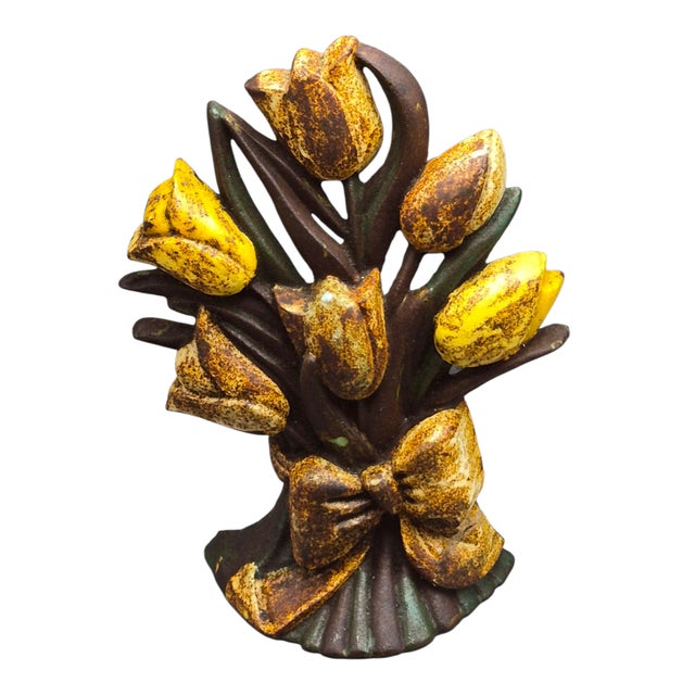 Metal Antique Cast Iron Yellow Tulip Flower Bouquet Doorstop For Sale - Image 7 of 7