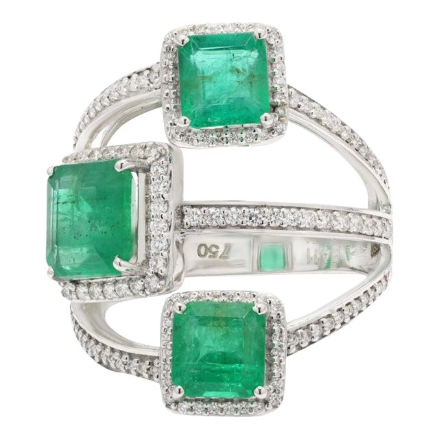 4.11ct Zambian Emerald & Diamond Three Row Ring Size 7 in 14k White Gold For Sale