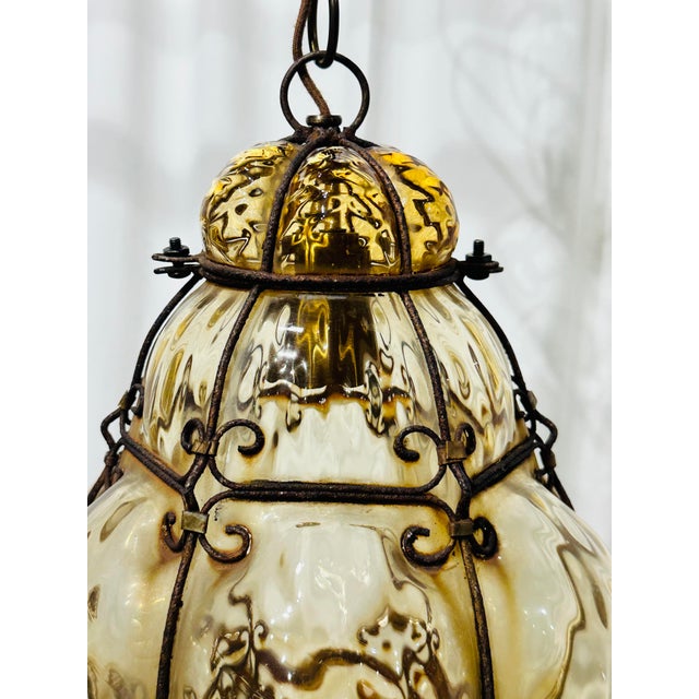 Mid 20th Century Vintage Mid Century Era Murano Caged Glass Pendant Lantern Attributed to Seguso, Amber Glass For Sale - Image 5 of 9