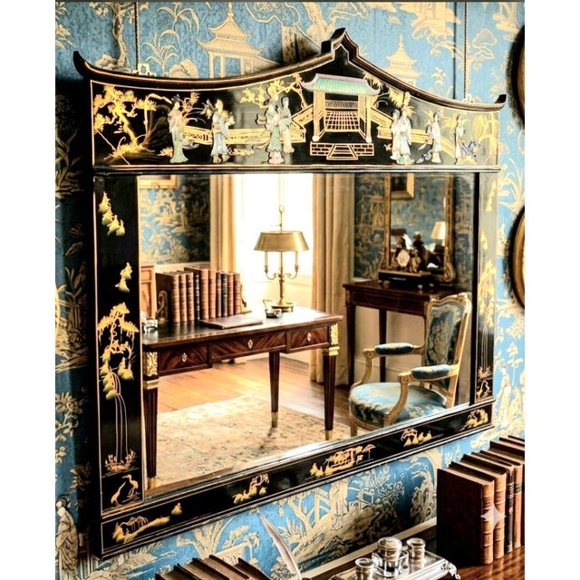 Monumental Vintage Chinoiserie Black Lacquer Soapstone Carved Pagoda Regency Rectangular Mirror For Sale - Image 14 of 14