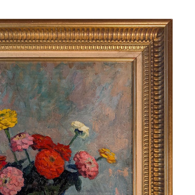 French Normandy School Post-Impressionist Oil on Canvas Still Life Flowers Fruit by Franck Innocent, 1941 For Sale - Image 4 of 13