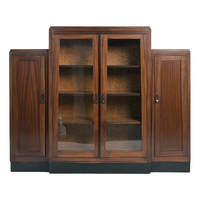 Art Deco Amsterdam School Walnut and Birdseye Maple Cabinet with Glass Doors, 1930s For Sale