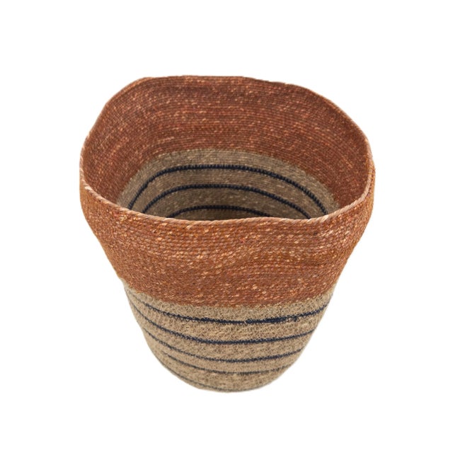 Handwoven Indian Seagrass Basket in Terracotta, Natural & Indigo Accents For Sale - Image 4 of 7