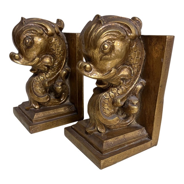 Large Gilded Scrolled Dophin Bookends -A Pair For Sale