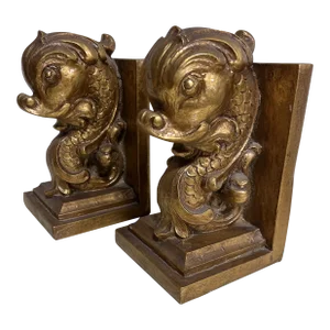 Large Gilded Scrolled Dophin Bookends -A Pair