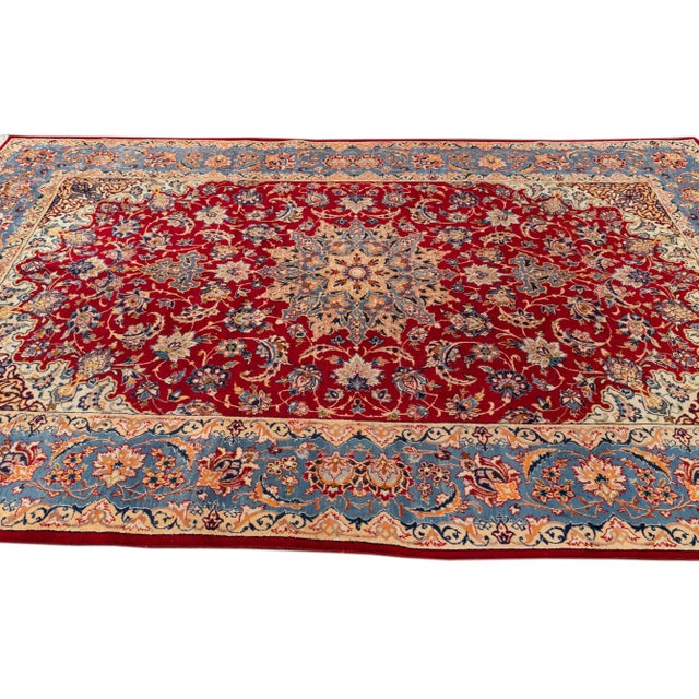 Textile Vintage Persian Isfahan Handmade Red Floral Wool Rug For Sale - Image 7 of 10