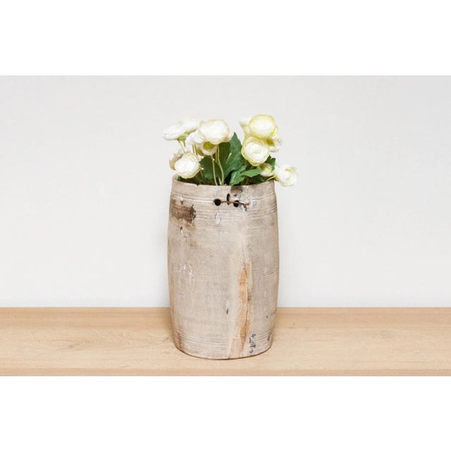 This charming antique carved wood pot was crafted from teak and originally used in Village kitchens in North India to...