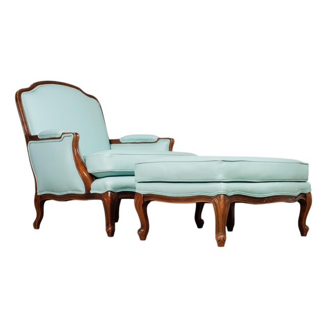 Louis XV Style Bergère Lounge Chair in Tiffany Blue + Ottoman For Sale