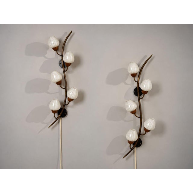 Astra, Norwegian Mid-Century Modern, Monumental Floral Sconces, Copper, Brass, Glass, Norway, 1940s Pair of large and...