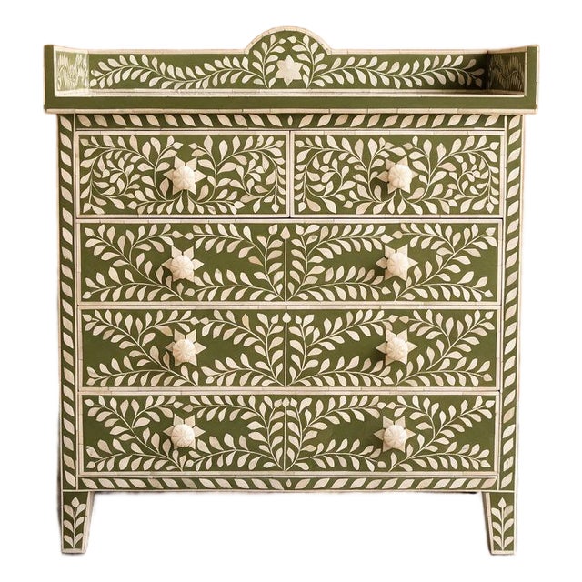 Arabesque Olive Green Inlay Dresser & Changing Table by House of Jaipur For Sale